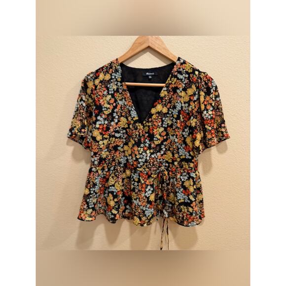 Tops - Madewell Floral V-Neck Peplum Top - Black/Multicolor XXS